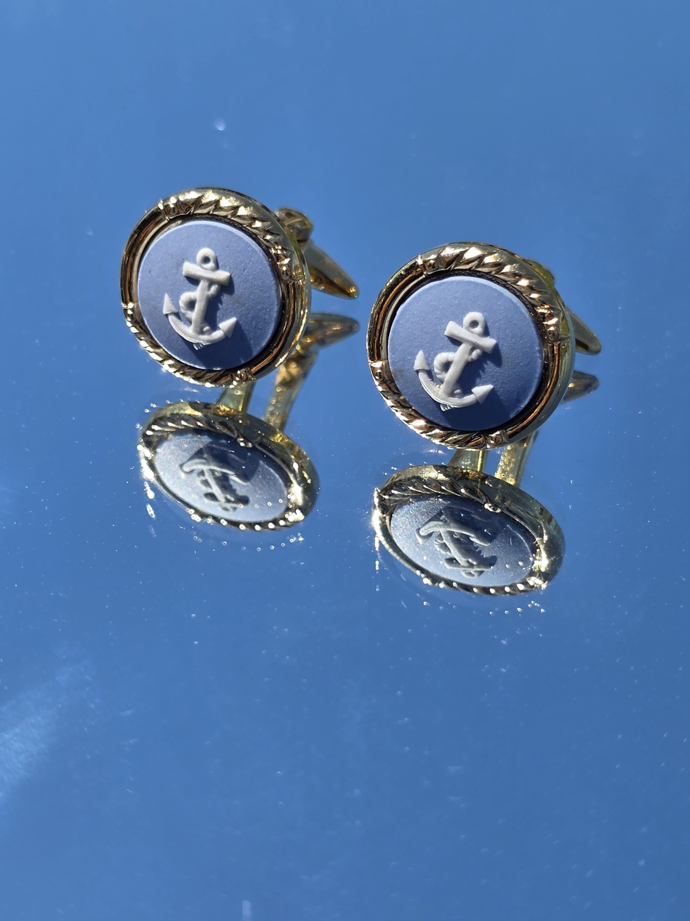 Vintage Wedgwood England Gold Plated Blue Jasperware Anchor Nautical Cufflinks